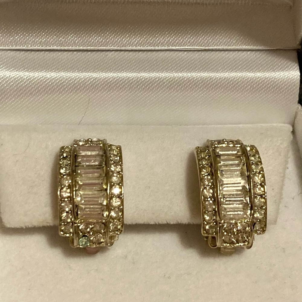 Vintage Signed Polcini Baguette Rhinestone Clip Earrings 1”